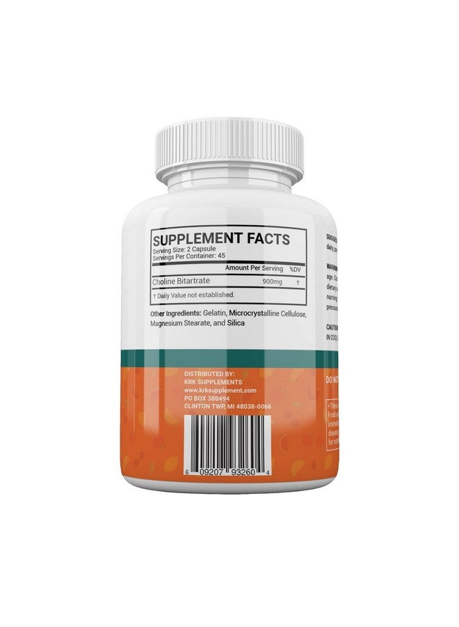 KRK SUPPLEMENTS 1 Pack Choline Bitartrate 900mg Per Serving 90 Capsules KRK Supplements - Image 4