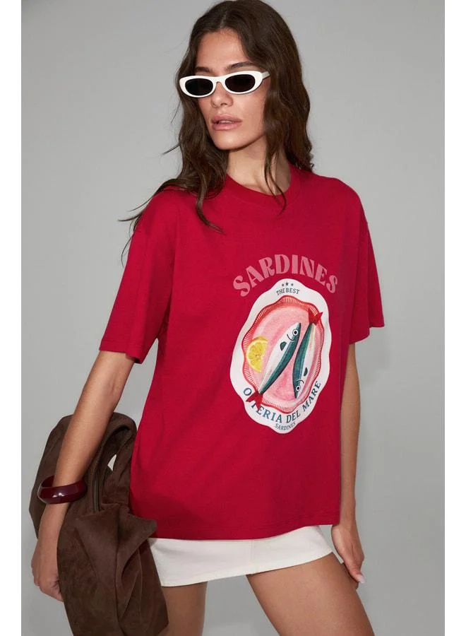 GRIMELANGE SARDI Women's Soft Fabric 100% Organic Cotton Print Detailed Red T-Shirt.