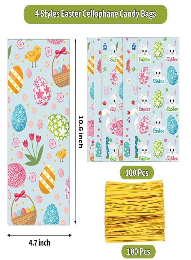 GOMANCHE Easter Cellophane Bags, 100pcs Easter Treat Bags with Gold Twist Ties for Kids Easter Party Favor Supplies - Image 2