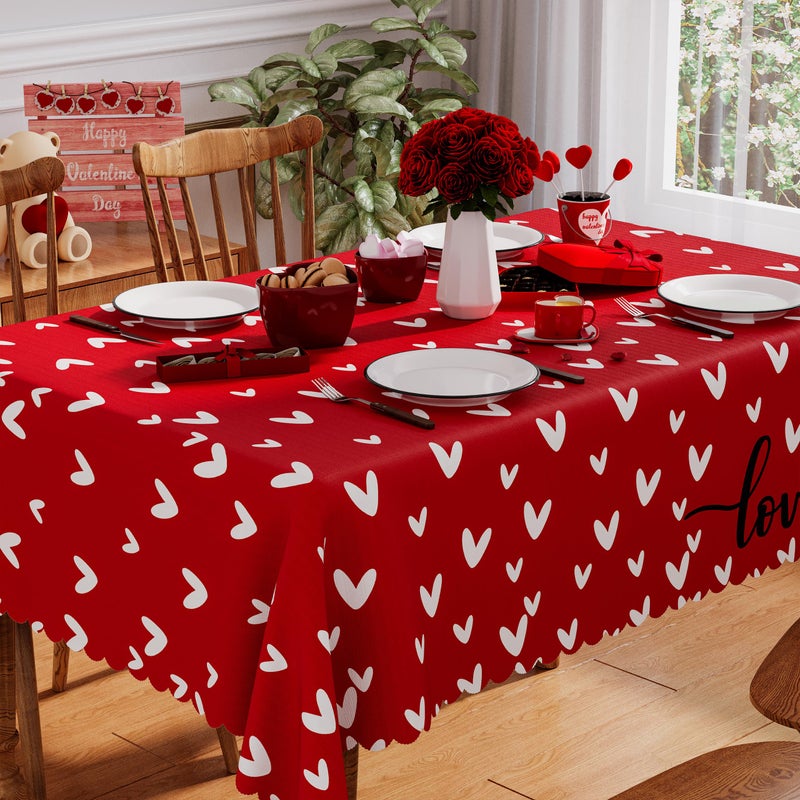 Siilues Valentines Tablecloth Rectangle 60x84 Inch, Washable Red Love Hearts Valentines Day Tablecloth Waterproof Scalloped Edge Dining Table Cloth Sweet Home Party Decorations - Image 1