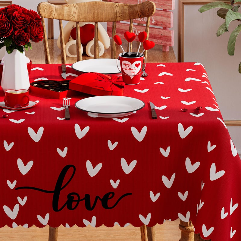 Siilues Valentines Tablecloth Rectangle 60x84 Inch, Washable Red Love Hearts Valentines Day Tablecloth Waterproof Scalloped Edge Dining Table Cloth Sweet Home Party Decorations - Image 2