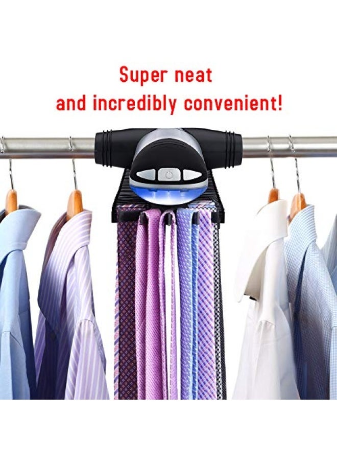 Primode - Motorized Tie Rack With Led Lights - Bonus Stainless Steel Tie Clip Set - Stores Up To 72 Ties With 8 Belts Rotation Operates With Batteries Includes J Hooks For Wire Shelving - Image 1