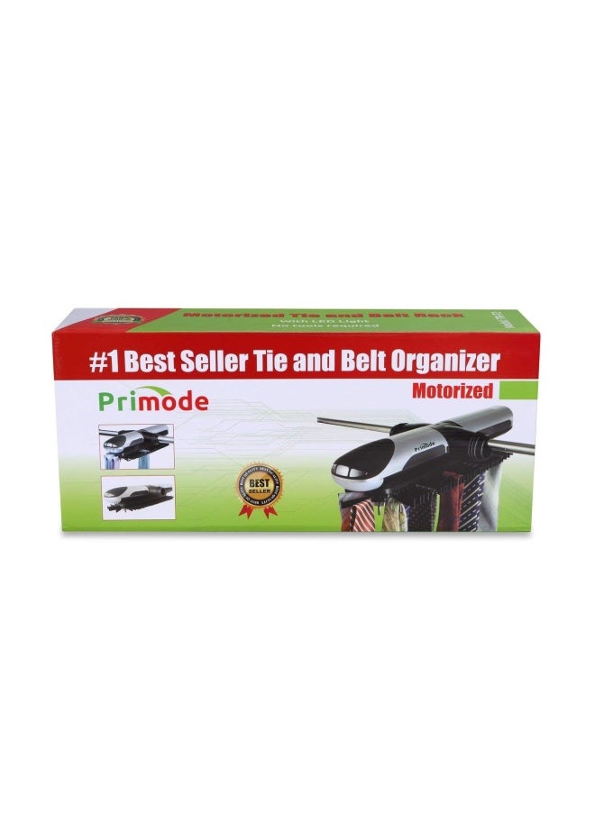 Primode - Motorized Tie Rack With Led Lights - Bonus Stainless Steel Tie Clip Set - Stores Up To 72 Ties With 8 Belts Rotation Operates With Batteries Includes J Hooks For Wire Shelving - Image 1