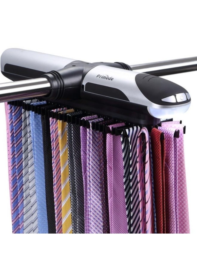 Primode - Motorized Tie Rack With Led Lights - Bonus Stainless Steel Tie Clip Set - Stores Up To 72 Ties With 8 Belts Rotation Operates With Batteries Includes J Hooks For Wire Shelving - Image 1