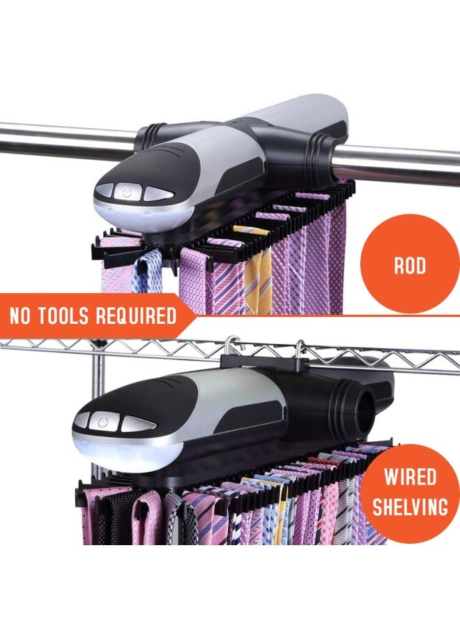 Primode - Motorized Tie Rack With Led Lights - Bonus Stainless Steel Tie Clip Set - Stores Up To 72 Ties With 8 Belts Rotation Operates With Batteries Includes J Hooks For Wire Shelving - Image 1