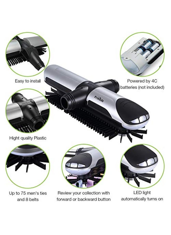 Primode - Motorized Tie Rack With Led Lights - Bonus Stainless Steel Tie Clip Set - Stores Up To 72 Ties With 8 Belts Rotation Operates With Batteries Includes J Hooks For Wire Shelving - Image 1