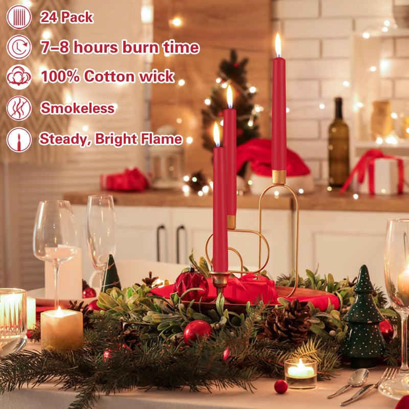 Jayhanvoe 24 Pack Red Taper Candles, 10 Inch Classic Red for Valentine's Day Decor, 7-8 Hour Burn, Clean-Burning Unscented Bulk Candles for Holiday Dinner Table, Fireplace Mantel, Wedding Centerpiece - Image 2