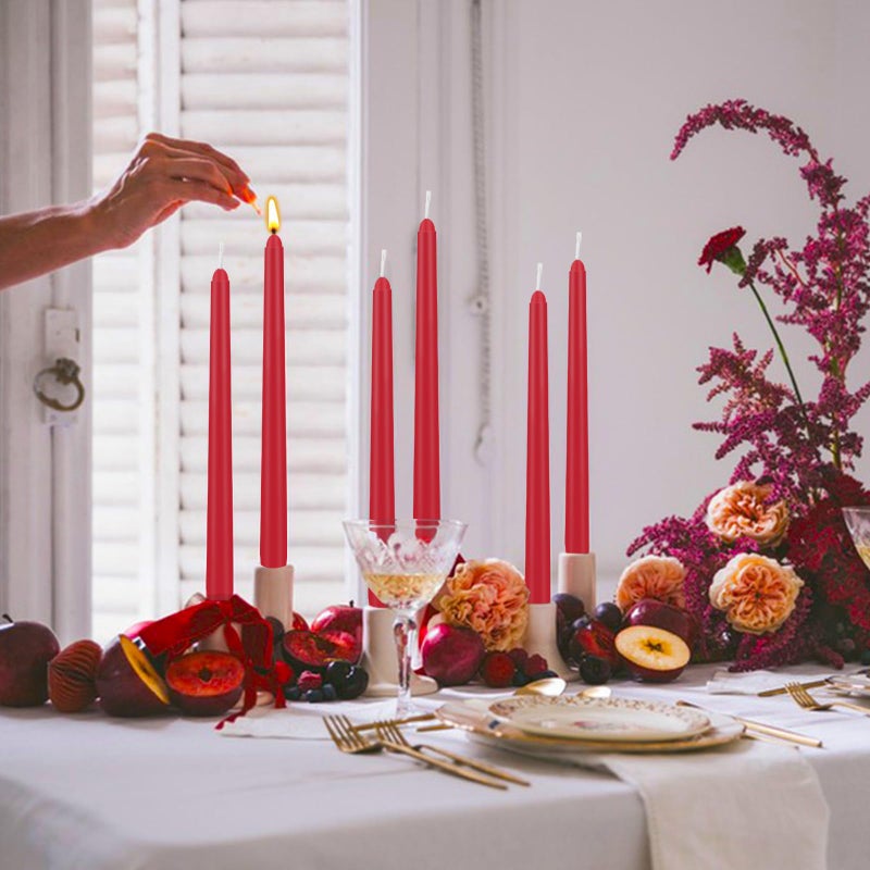 Jayhanvoe 24 Pack Red Taper Candles, 10 Inch Classic Red for Valentine's Day Decor, 7-8 Hour Burn, Clean-Burning Unscented Bulk Candles for Holiday Dinner Table, Fireplace Mantel, Wedding Centerpiece - Image 4