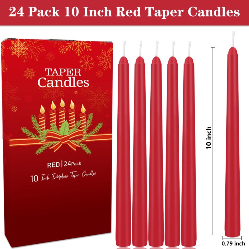 Jayhanvoe 24 Pack Red Taper Candles, 10 Inch Classic Red for Valentine's Day Decor, 7-8 Hour Burn, Clean-Burning Unscented Bulk Candles for Holiday Dinner Table, Fireplace Mantel, Wedding Centerpiece - Image 3