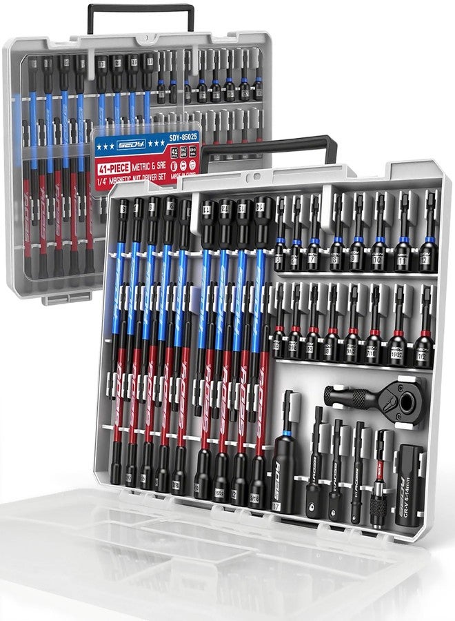 سيدي مجموعة مفكات صواميل مغناطيسية ممتازة بقطر 1/4 بوصة، مكونة من 41 قطعة، مترية ومعيارية وعميقة من SAE، مع محولات مقبس، ومفتاح ربط سقاطة 2 في 1، ومفك صواميل مجنح، ومقابس عالمية، وحامل بت سريع الفك. - Image 1