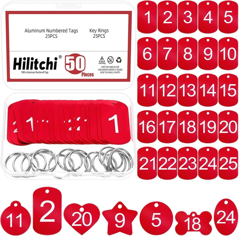Hilitchi 50 قطعة من علامات ألومنيوم مرقمة 1-25 مع حلقات مفاتيح، علامات تعريف معدنية حمراء مستطيلة لسلسلة المفاتيح للترميز والتنظيم والديكور (مجموعة متنوعة 1-25) - Image 1