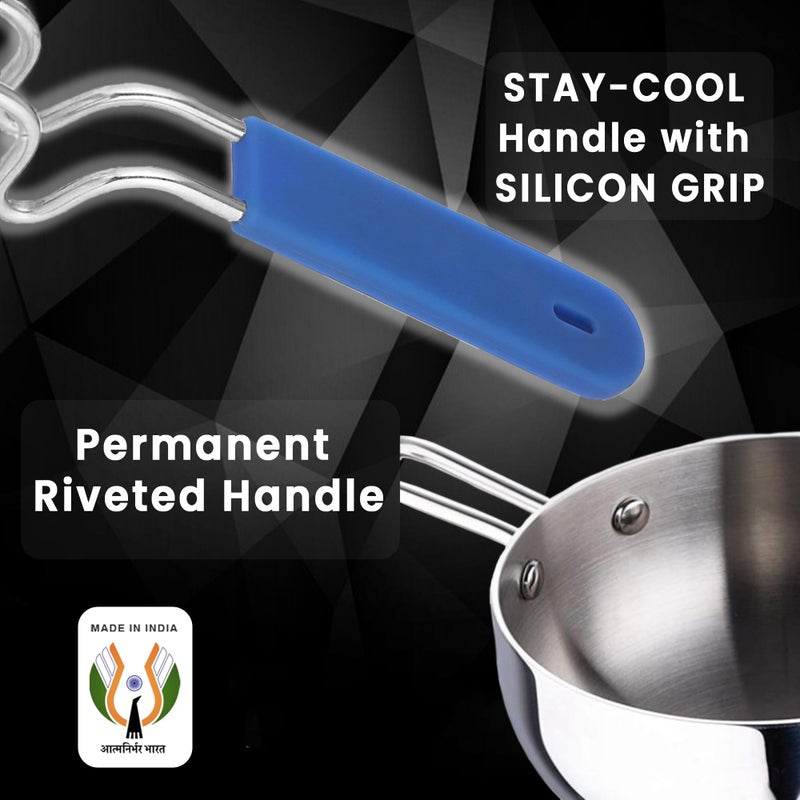 AXIOM TADKA PAN Stainless Steel Large with Soft Silicon Handle ; Unbreakable Heavy Gauge & Long Grip. Professional vagariya/popu Pans for Spice Seasoning, Frying, Heating, Roasting 12 cm, 300 ml - Image 3