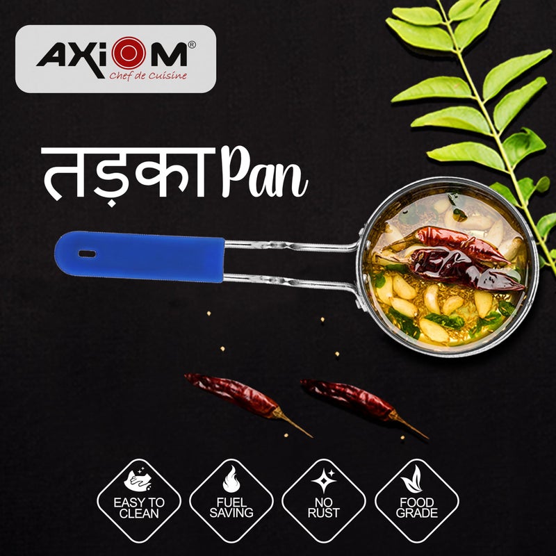 AXIOM TADKA PAN Stainless Steel Large with Soft Silicon Handle ; Unbreakable Heavy Gauge & Long Grip. Professional vagariya/popu Pans for Spice Seasoning, Frying, Heating, Roasting 12 cm, 300 ml - Image 5