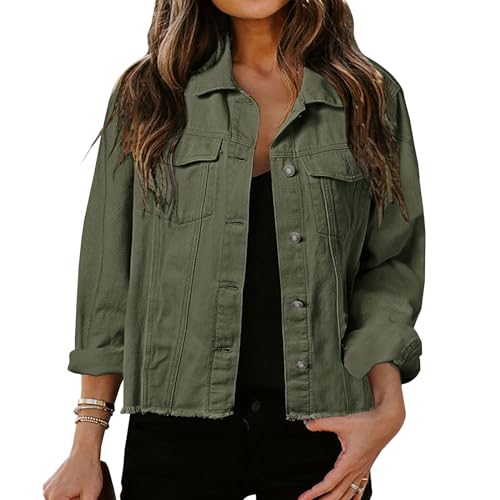 LONGBIDA Women's Jean Jacket Frayed Washed Button Up Cropped Denim Jacket With Pockets(Navy Green,S) - Image 4