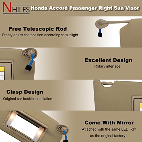 NHILES Passenger Right Sun Visor Compatible with Honda Accord 2008 2009 2010 2011 2012 2013 2014 2015 2016 2017 with Light Replaces # 83230TA0A91ZB (Beige) - Image 3
