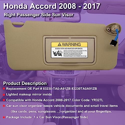 NHILES Passenger Right Sun Visor Compatible with Honda Accord 2008 2009 2010 2011 2012 2013 2014 2015 2016 2017 with Light Replaces # 83230TA0A91ZB (Beige) - Image 2