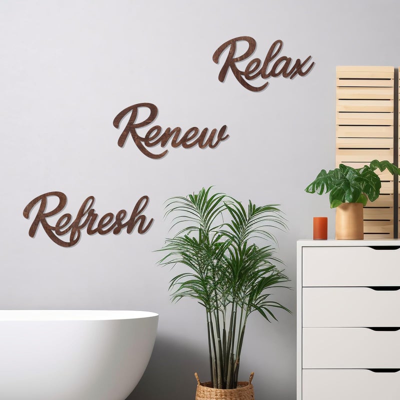 Koyiltd 3 Pieces Bathroom Decor Wooden Bathroom Sign Relax Renew Refresh Sign (Brown) - Image 5