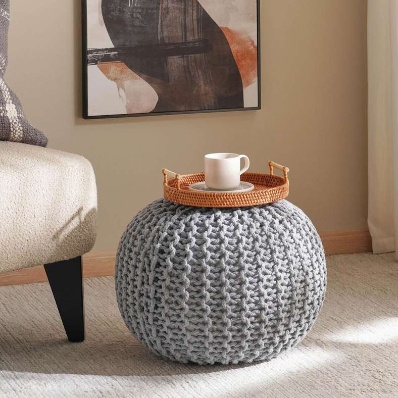 Pan Home Vivian Cable Knit Round Pouf in Grey