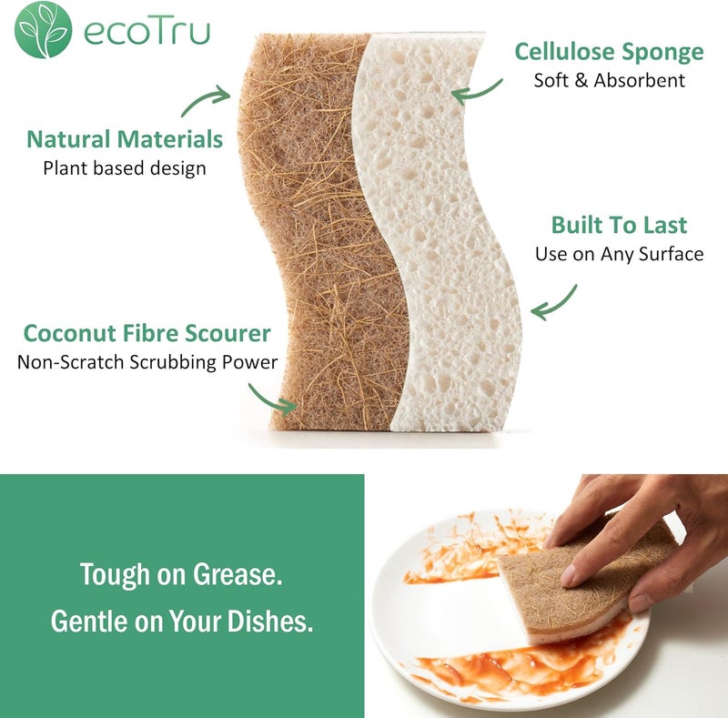 ecotru 6 Pack Natural Kitchen Sponges, Compostable White Cellulose & Organic Coconut Scrubber Sponge for Washing Dishes, Kind Eco Friendly Non Toxic & Biodegradable Dish Sponges - Image 2