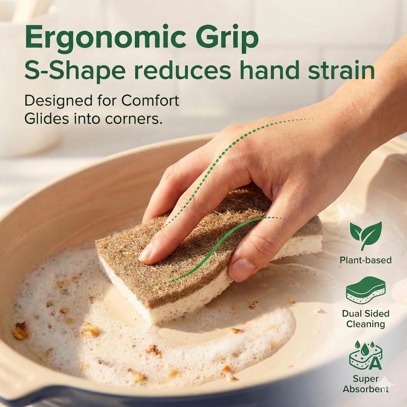 ecotru 6 Pack Natural Kitchen Sponges, Compostable White Cellulose & Organic Coconut Scrubber Sponge for Washing Dishes, Kind Eco Friendly Non Toxic & Biodegradable Dish Sponges - Image 5