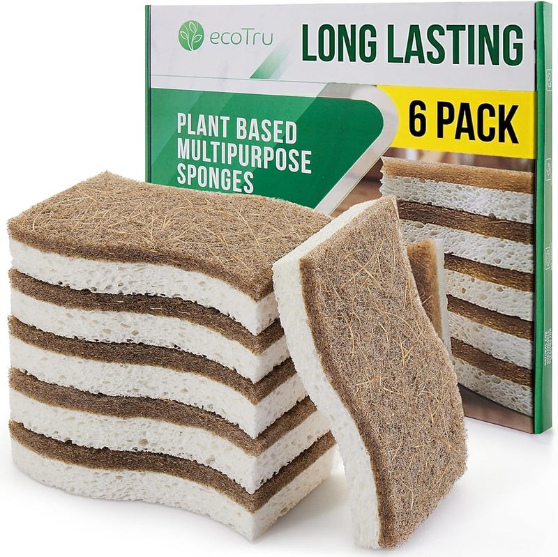 ecotru 6 Pack Natural Kitchen Sponges, Compostable White Cellulose & Organic Coconut Scrubber Sponge for Washing Dishes, Kind Eco Friendly Non Toxic & Biodegradable Dish Sponges - Image 1