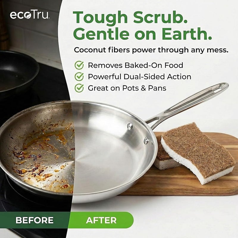 ecotru 6 Pack Natural Kitchen Sponges, Compostable White Cellulose & Organic Coconut Scrubber Sponge for Washing Dishes, Kind Eco Friendly Non Toxic & Biodegradable Dish Sponges - Image 4