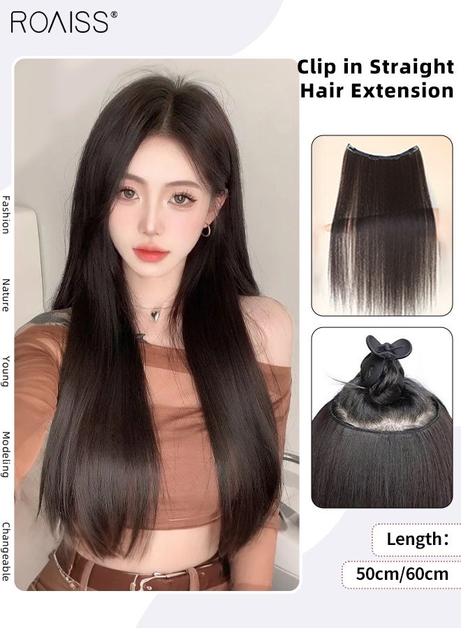 رويس 4 قطع من وصلات الشعر، غير مرئية وقابلة للتعديل، شعر صناعي مستقيم مقاوم للحرارة، رقيق للنساء والفتيات، بني أسود، 50 سم/60 سم - Image 1