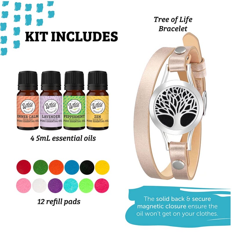 mEssentials Wild Essentials Tree of Life Essential Oil Leather Wrap Bracelet Diffuser, Gift Set, Lavender, Lemongrass, Peppermint, Orange Oils, 12 Pads, Customizable Color Changing Perfume Jewelry, Aromatherapy - Image 2