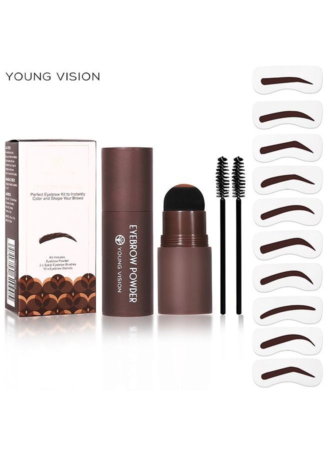 YOUNG VISION Eyebrow Stamp Shaping Kit, One Step Eyebrow Powder Stamp with 10 Reusable Eyebrow Stencils 2 Eyebrow Pen Brushes, Long Lasting Waterproof Eyebrow Makeup (Dark Brown)  - Image 1