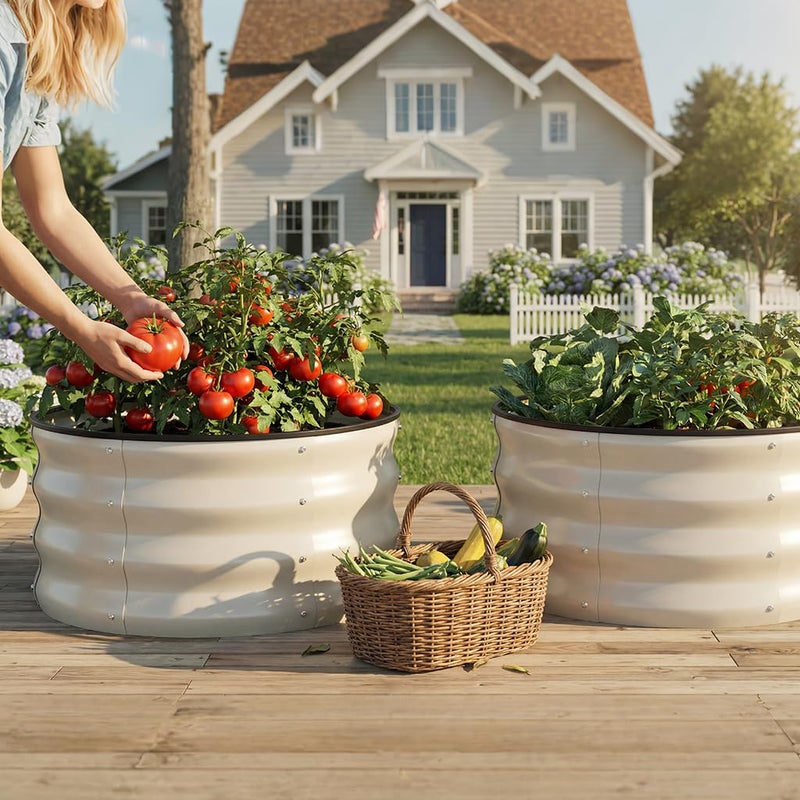 COMHOMA 3 Pack Round Raised Garden Bed 2x2x1ft,Galvanized Metal Planter Box Kit for Outdoor Gardening,Vegetable Flower Herb Growing Beds with Gloves Tools,White - Image 3