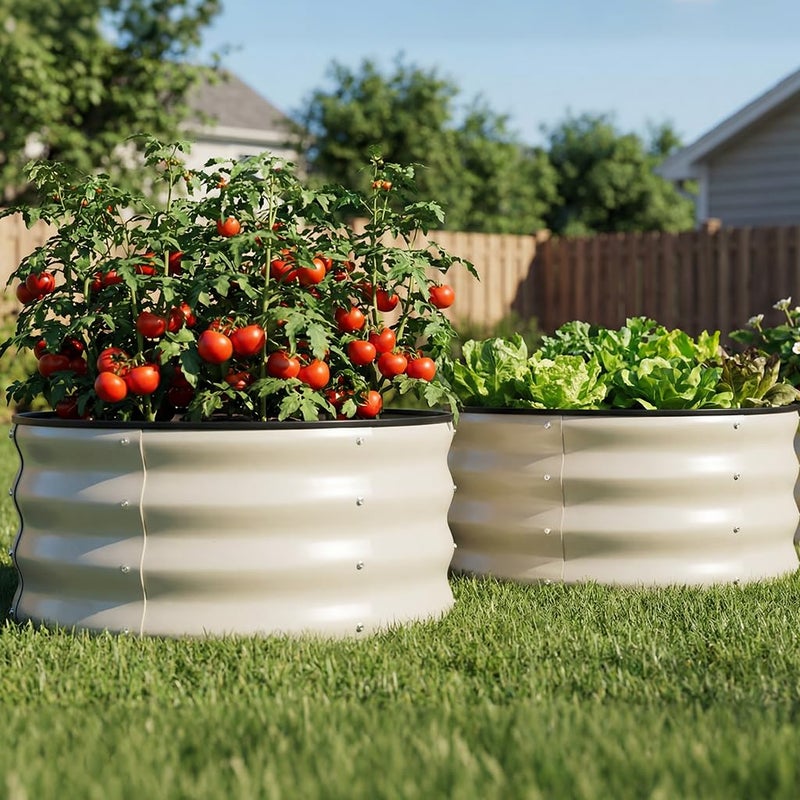 COMHOMA 3 Pack Round Raised Garden Bed 2x2x1ft,Galvanized Metal Planter Box Kit for Outdoor Gardening,Vegetable Flower Herb Growing Beds with Gloves Tools,White - Image 1