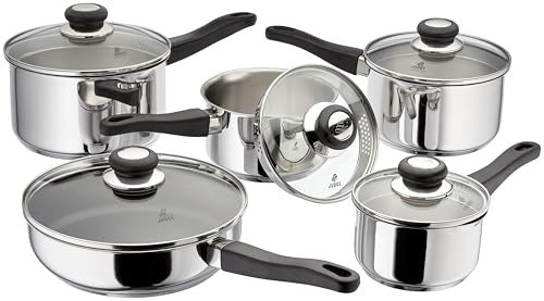 Judge Vista Draining Set of 5 Stainless Steel Pans 14cm 16cm 18cm  20cm Saucepans with Pouring Lip and Strainer Lids and 24cm Saute Pan Induction Ready Oven Safe 25 Year Guarantee