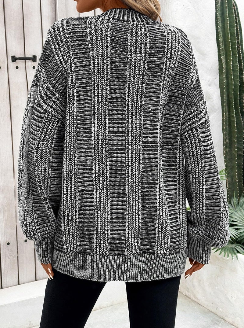 Pink Queen Fashion Open Front Long Sleeve Color Block Cardigan Sweaters Oversized Loose Coats with Pockets Black and White M - Image 5