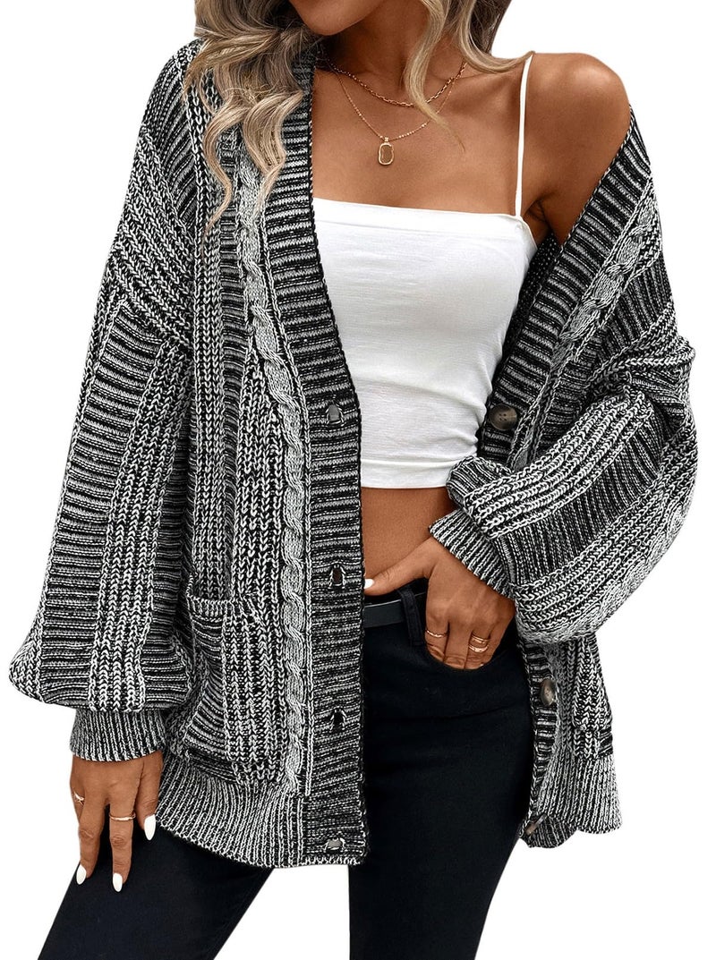 Pink Queen Fashion Open Front Long Sleeve Color Block Cardigan Sweaters Oversized Loose Coats with Pockets Black and White M - Image 1
