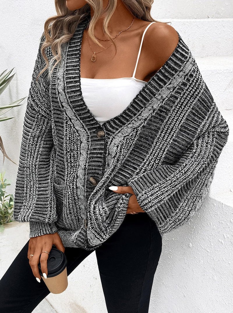 Pink Queen Fashion Open Front Long Sleeve Color Block Cardigan Sweaters Oversized Loose Coats with Pockets Black and White M - Image 2