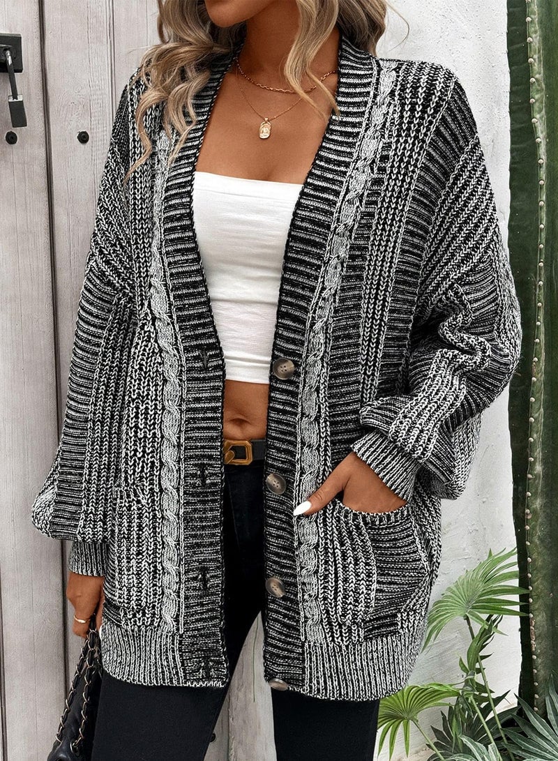 Pink Queen Fashion Open Front Long Sleeve Color Block Cardigan Sweaters Oversized Loose Coats with Pockets Black and White M - Image 4