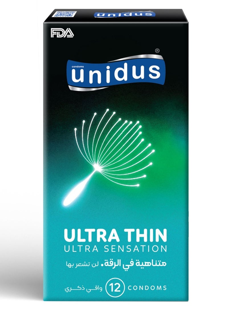 Unidus Condom - ULTRA THIN - Ultra Sensation - Lubricated Condoms for Men - Pack of 12 - Image 1