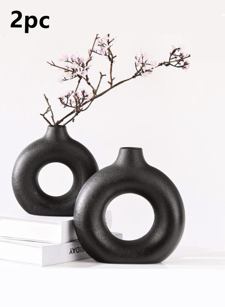 Kutis 2-Piece Solid Color Ceramic Decorative Flower Vase Black 21.5x23.3 And 14.3x13.3 cm  - Image 1