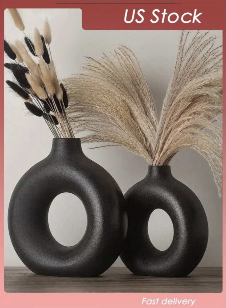 Kutis 2-Piece Solid Color Ceramic Decorative Flower Vase Black 21.5x23.3 And 14.3x13.3 cm  - Image 2