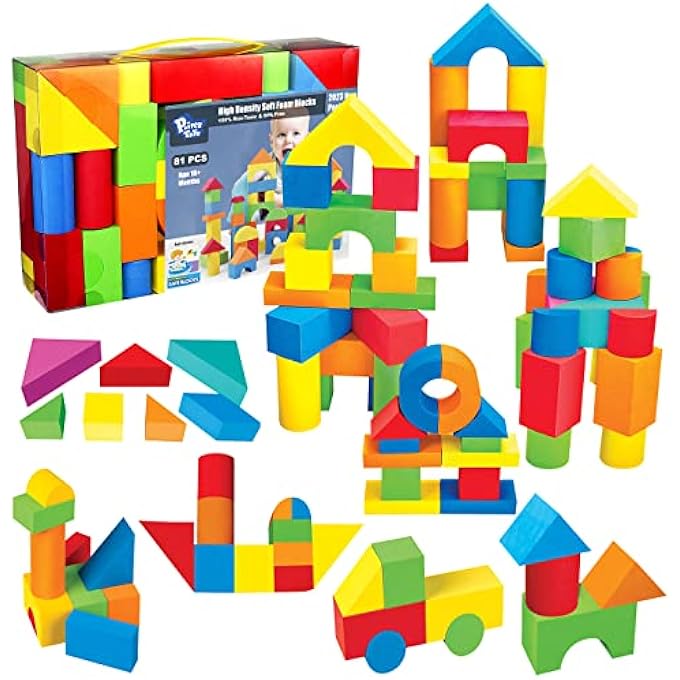 FOAM BUILDING BLOCKS FOR TODDLERS 1-3, 81 PIECES SOFT STACKING BLOCKS TOY SET, BABY BATH FOAM TOYS, SENSORY AND MONTOSORRI TOYS FOR BOYS & GIRLS 18+ MONTHS - Image 1