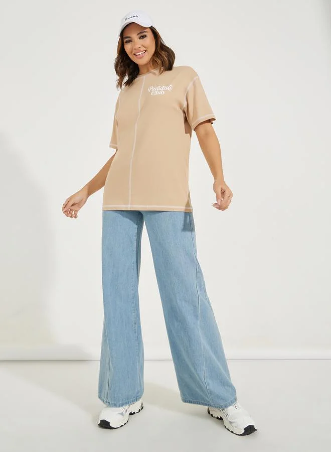 Styli Oversized Contrast Stitch Slogan T-Shirt