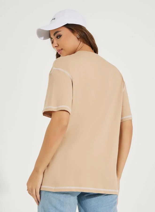 Styli Oversized Contrast Stitch Slogan T-Shirt