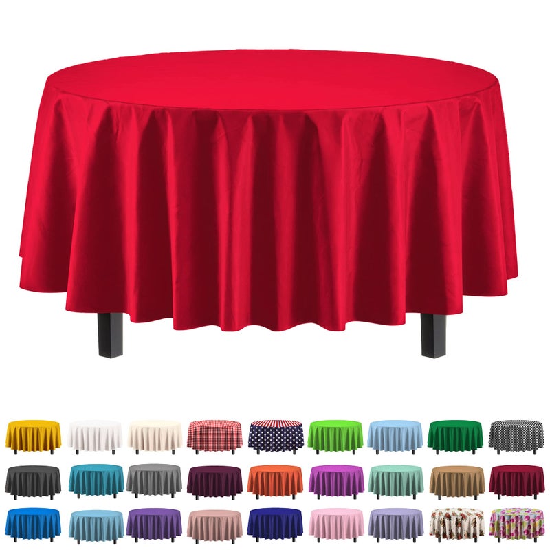 12Pack Premium Plastic Tablecloth 84in Round Table Cover  Red