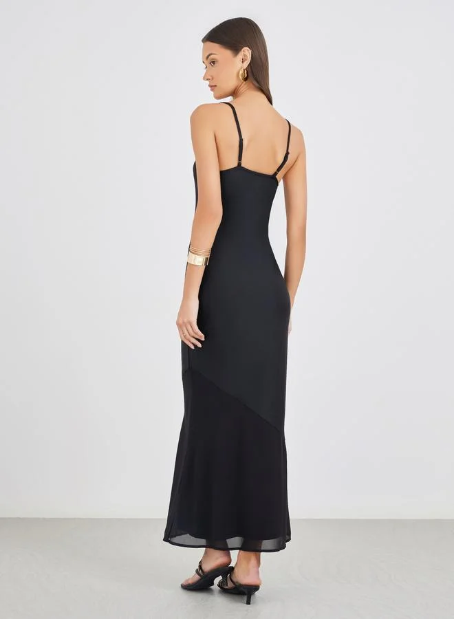 Styli Knit Satin Strappy A-Line Maxi Dress