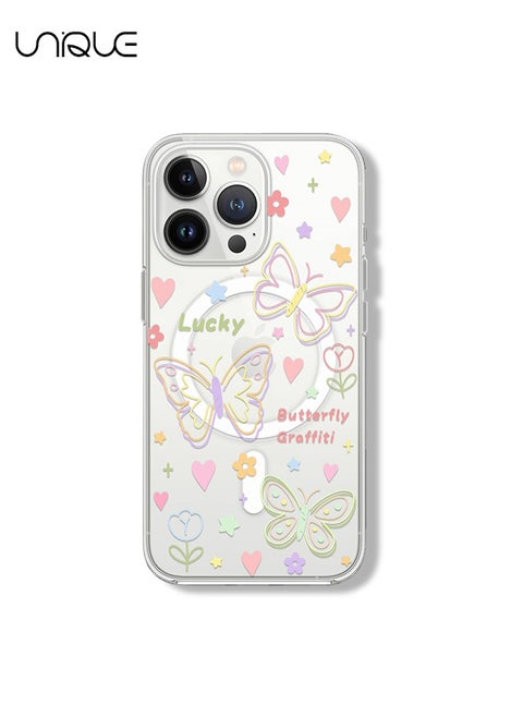 Compatible with iPhone 15 Pro Max Cases,Compatible with MagSafe Phone Cases,Flower Butterfly Cases, Stick Figure Pattern Cases, TPU Drop Protection - Transparent