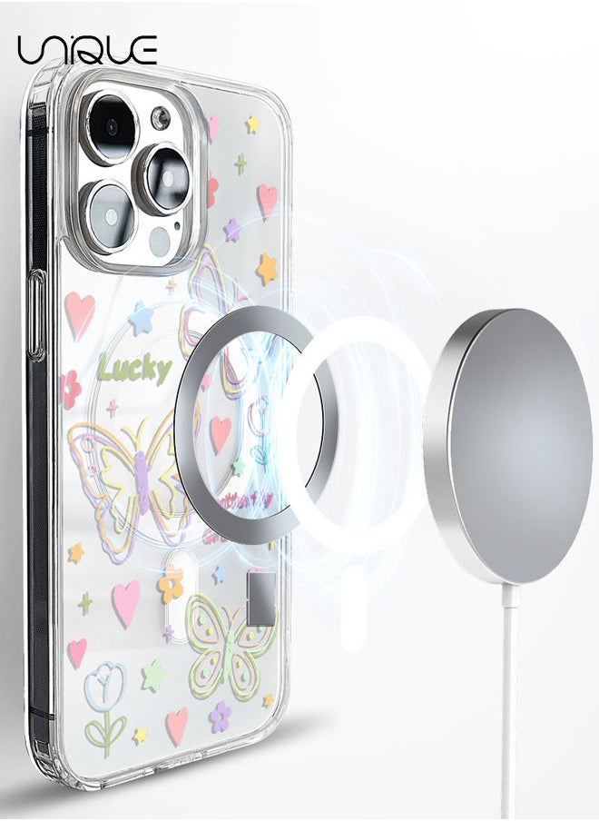 Compatible with iPhone 15 Pro Max Cases,Compatible with MagSafe Phone Cases,Flower Butterfly Cases, Stick Figure Pattern Cases, TPU Drop Protection - Transparent