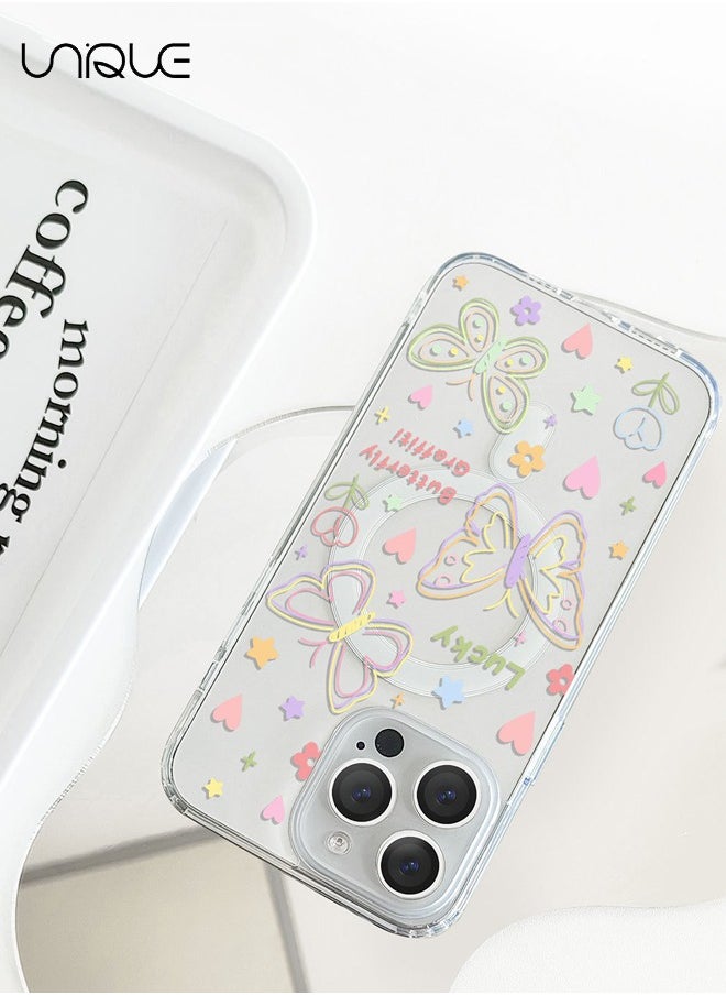 Compatible with iPhone 15 Pro Max Cases,Compatible with MagSafe Phone Cases,Flower Butterfly Cases, Stick Figure Pattern Cases, TPU Drop Protection - Transparent