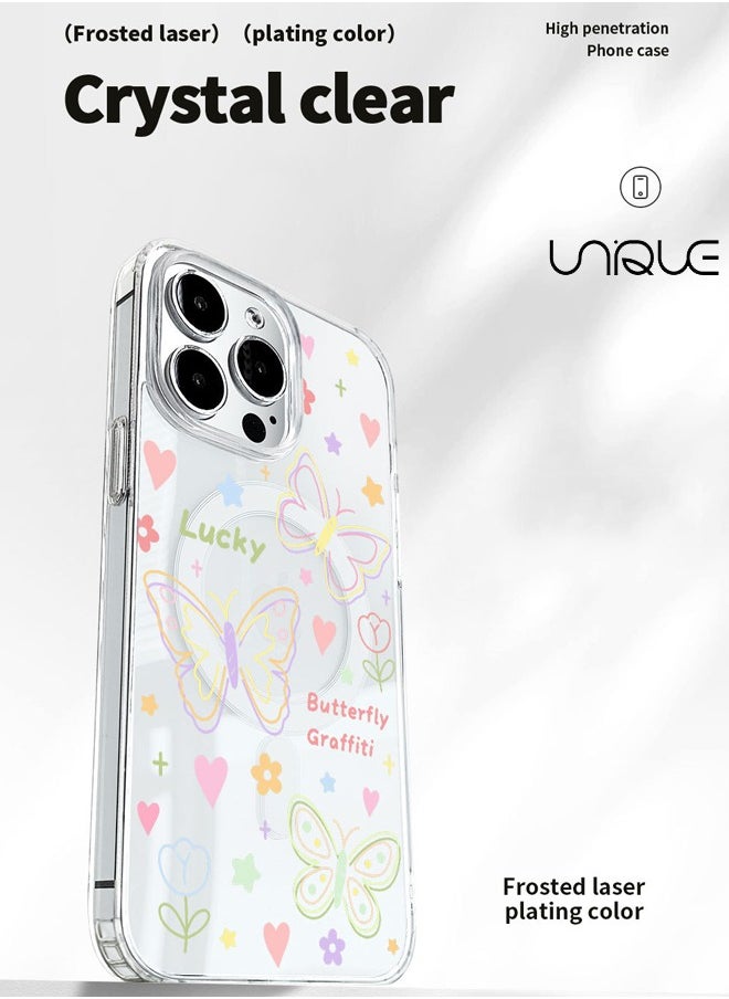 Compatible with iPhone 15 Pro Max Cases,Compatible with MagSafe Phone Cases,Flower Butterfly Cases, Stick Figure Pattern Cases, TPU Drop Protection - Transparent