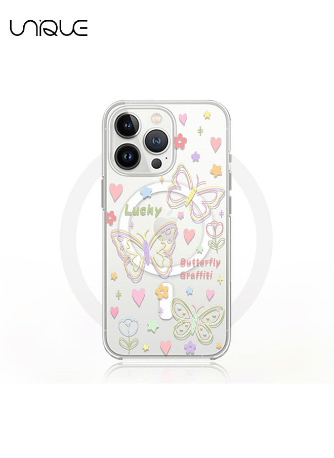 Compatible with iPhone 15 Pro Max Cases,Compatible with MagSafe Phone Cases,Flower Butterfly Cases, Stick Figure Pattern Cases, TPU Drop Protection - Transparent
