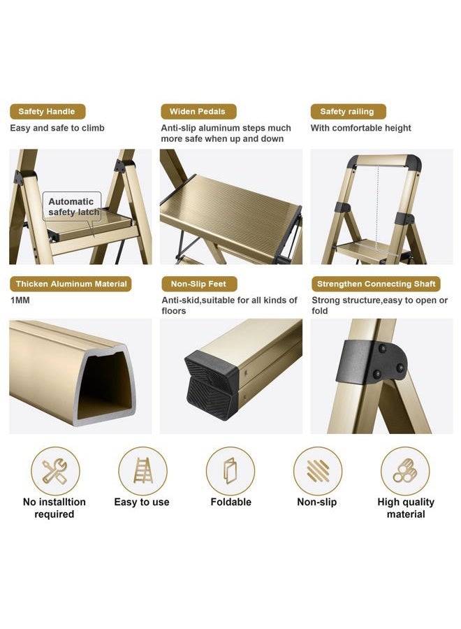 BIBKOKE Step Ladders Folding 4-Step Champagne Gold Finish Aluminum Foldable Step Stool,Anti-Slip Portable Sturdy for Home & Kitchen Office 330 lbs - Image 3